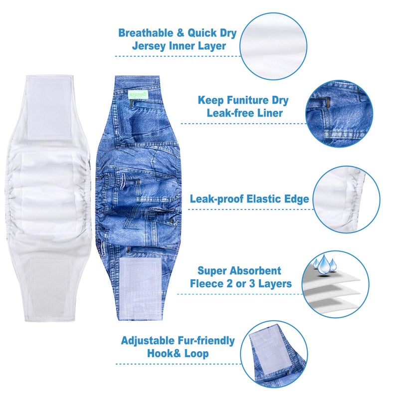 Wegreeco Jeans Washable Male Dog Diapers (Pack of 3) - Washable Male Dog Belly Wrap (Large - 18"- 21" Waist) - Image 2